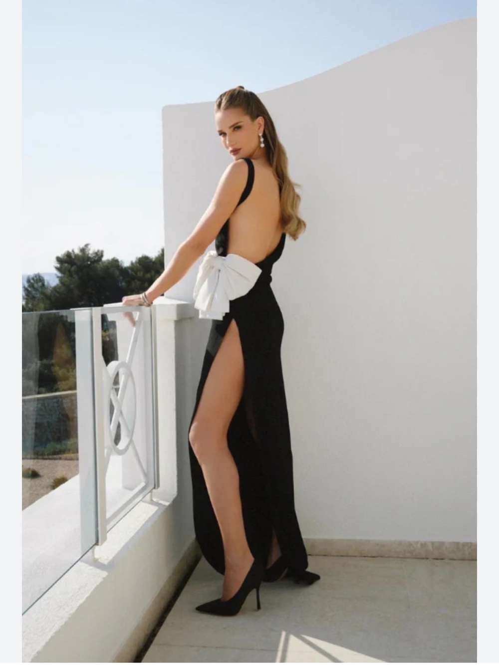Elegant Black Backless Evening Gown with White Bow, fits size S